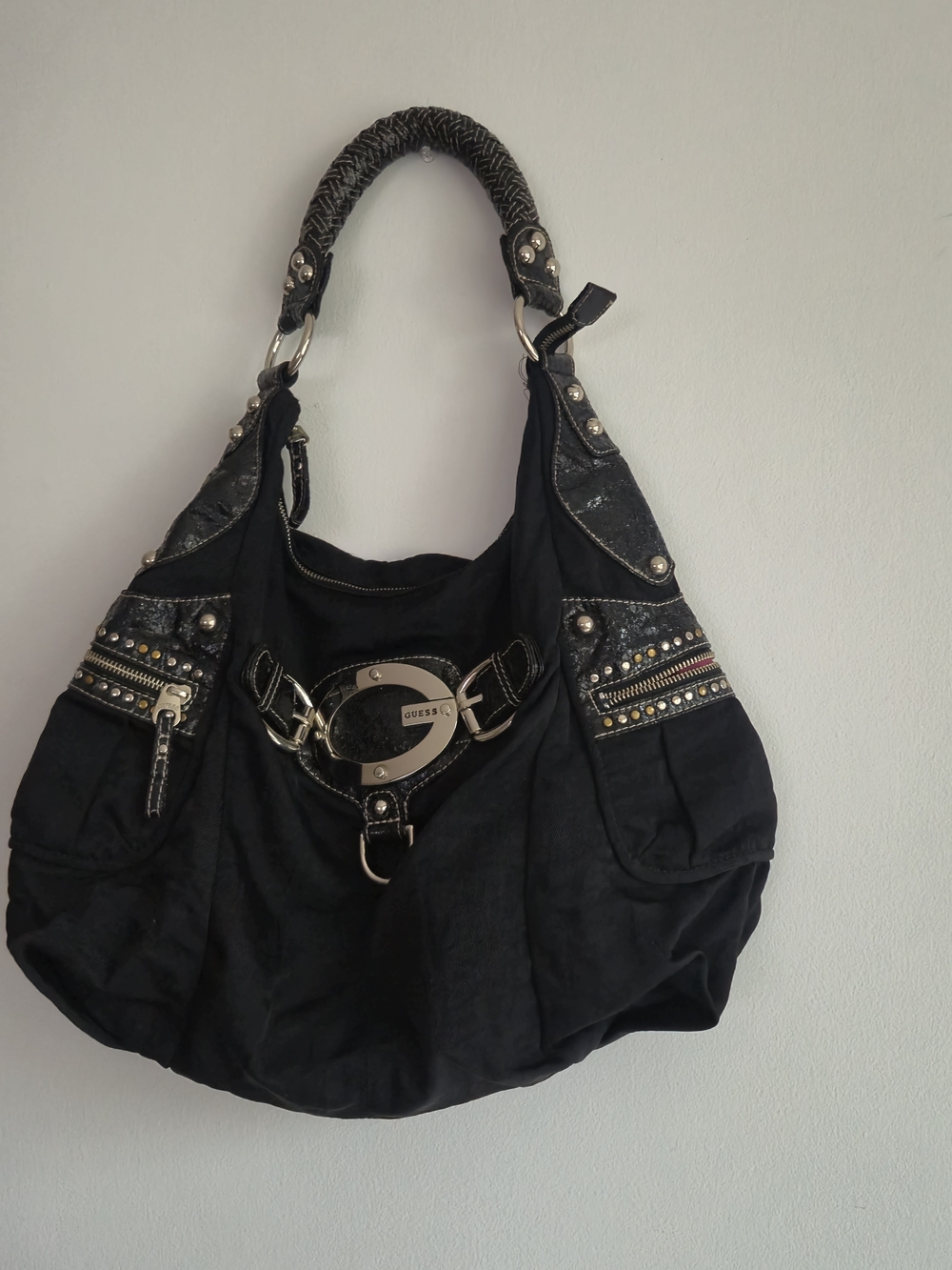 Y2K Vintage Black Guess Hobo Bag Studded Chunky G Logo McBling Purse